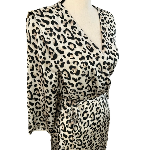Zara Ivory/Black Silky Leopard Print Wrap Long Sleeve Midi Dress Size S - Picture 3 of 8